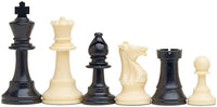 6 black and white Staunton chess pieces.