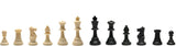 12 black and white Staunton chess pieces.