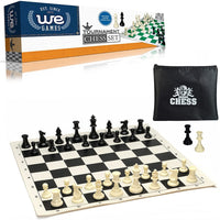 Black roll up chess board with heavy weighted pieces. and zipper pouch. Chess set box in the back.