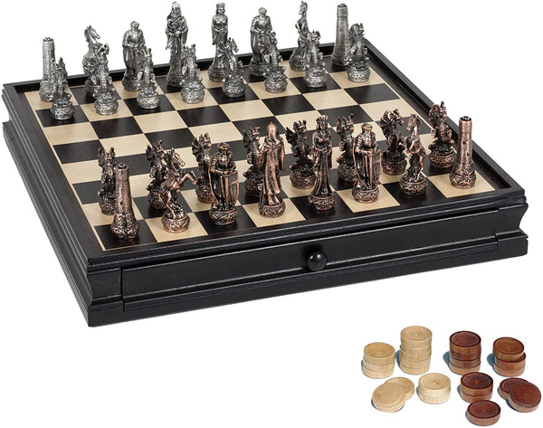 Fantasy Chess & Checkers Game Set - Pewter Chessmen and Black Stained Wood Board with Storage Drawers. Chess pieces on board and checkers pieces to the side of board.