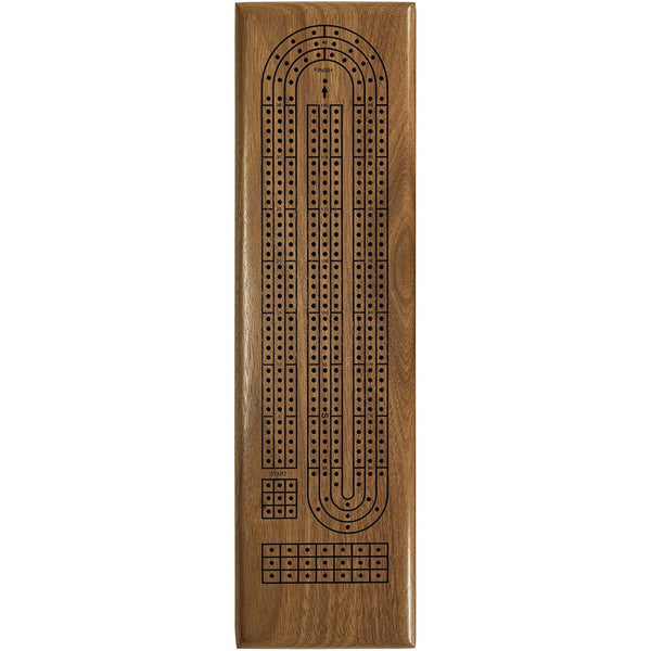 Solid walnut wood classic cribbage set, continuous 3 track board with metal pegs.