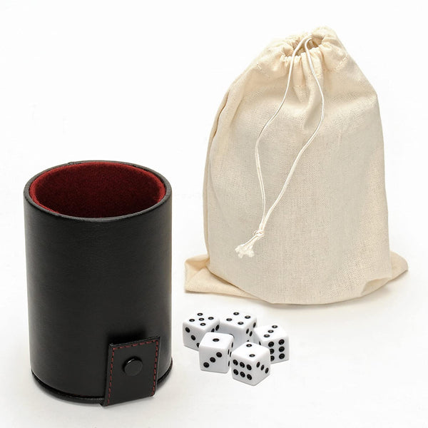 Black dice cup. 5 white dice. White snap closure storage compartment.