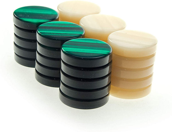 Mother of Pearl Acrylic Backgammon Checkers/Chips in Green & Cream – 1.5 inch Diameter.