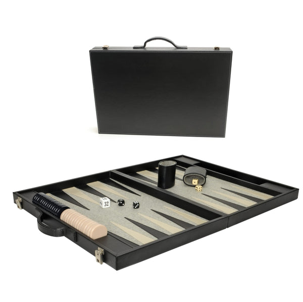 Elegant Black Backgammon Briefcase - Tournament Size Briefcase opened with Backgammon game pieces inside.