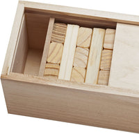 Tumbling tower blocks put inside wood case with sliding lid.