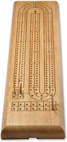 Full view of Cribbage board with metal pegs in start position and bottom of board..