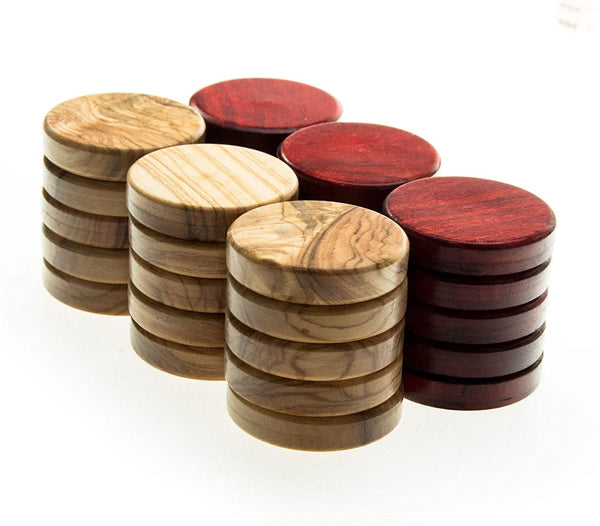 Olive Wood Backgammon Checkers/Chips in Red & Natural – 1 inch Diameter.