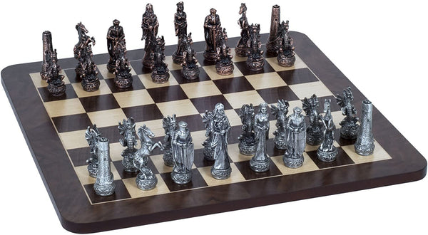 Fantasy Chess Set - Pewter Pieces & Walnut Root Board 16 in.