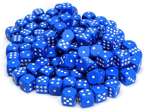 Pile of blue dice with rounded corners. 100 pack