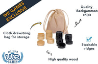 Cloth drawstring bag for storage. Quality Backgammon chips. High quality wood. Stackable ridges.