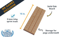 Solid oak board. 3-lane inlay sprint track. Storage for pegs underneath. 15 inches long.