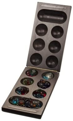 Folding Mancala Game - Solid Dark Stained Wood & Glass Stones