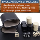 WE Games Backgammon Set, Elegant Black Leatherette Case, 14.75 x 9.75 in. closed; 19.25 x 14.75 in open, Family Board Games, Board Games for Adults and Family, Travel Board Games, 2 Player Games