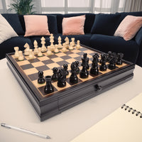 WE Games French Staunton Chess & Checkers Set - Weighted Pieces, Black Stained Wooden Board with Storage Drawers - 15 in.