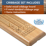 WE Games Classic Cribbage Set - Solid Wood Continuous 2 Track Board with Metal Pegs