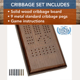 WE Games Classic Cribbage Set - Solid Wood Continuous 3 Track Board with Metal Pegs