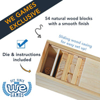 WE Games Wood Block Stacking Party Game That Tumbles Down when you play - Includes 12 in. Wooden Box and die