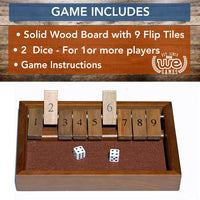 WE Games Shut the Box Game Wooden 9 Number Flip Tiles with Dark Stained Wooden Box, Board Game for Game Night, Math Games, Clackers, Family Games, Adult Dice Games, Board Games for Adults, 11 inches