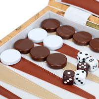 WE Games Tan Map Style Leatherette Backgammon Set, 14.75 x 9.75 in. closed