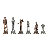 Pewter golf chessmen, silver and brass colored.