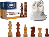 Chess pieces box with Cloth drawstring bag next to it. 6 French Staunton chess pieces in front.