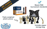 Meets FIDE tournament standards. Triple weighted plastic pieces. Includes zipper storage bag.