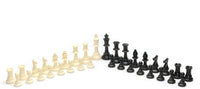 34 black and cream Staunton style chess pieces.