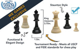 Staunton style. King measures 3.75 inches tall and 1.5 wide. Functional and elegant design. Tournament ready - meets all USCF and FIDE standards for chess play.