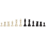 12 black and cream chess pieces lined up.
