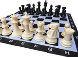 Close up of white chessmen on vinyl chess mat.