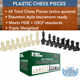 Bobby Fischer Chess Piece Set, the Ultimate Tournament Chess Set - Plastic Chess Pieces Only - Staunton Style Chess Set, 34 Chess Pieces Weighted Includes Extra Queens, Triple Weighted Chess Set