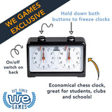 Hold down both buttons to freeze clocks. On and off switch on back. Economical chess clock, great for students, clubs, and schools.