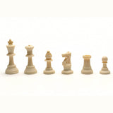 6 white Staunton chess pieces.