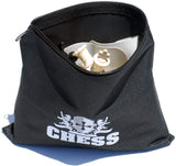 Black storage bag with zipper to store chess pieces and board.