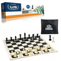 Roll up chess board with heavy weighted pieces. and zipper pouch. Chess set box in the back.