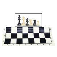 Black roll up chess board folded with 6 Staunton chess pieces.