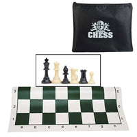 Roll up chess board folded in half with 6 Staunton chess pieces and zipper pouch.