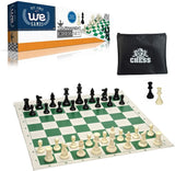Green roll up chess board with heavy weighted pieces. and zipper pouch. Chess set box in the back.
