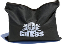 Black storage bag for chess pieces zipped closed.