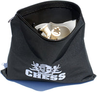 Black storage bag with zipper for storage of chess pieces.