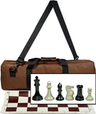 Complete Tournament Chess Set, Triple Weighted Chess Pieces with Brown Roll-up Chess Board and Brown Travel Canvas Bag.