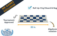 Blue roll up vinyl board and bag. Tournament approved. Algebraic notation. 20 inches.