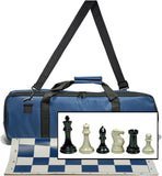 Complete Tournament Chess Set, Triple Weighted Chess Pieces with Blue Roll-up Chess Board and Blue Travel Canvas Bag.