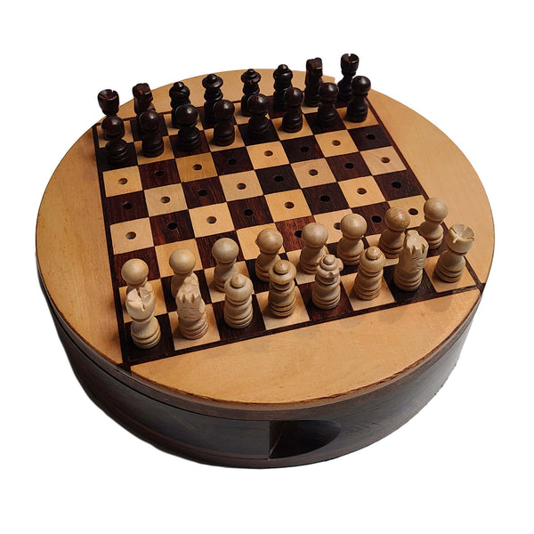Round Wooden Travel Chess Set with Pegged Chessmen.