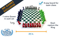 4-way board for team chess. Goal: capture the king. 1 extra queen in each set. 24-inch board.