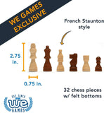 French Staunton style. 32 chess pieces with felt bottoms. 2.75 inches tall. 0.75 inches wide.