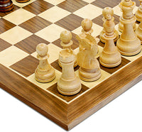 Square corner chess board with chess pieces on board.