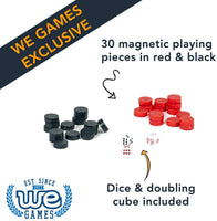 30 magnetic playing pieces in red and black. Dice and doubling cube included.