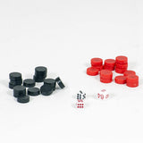 Black and red magnetic Backgammon pieces. 2 dice and 1 Backgammon double cube.