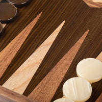 Zoomed in on Backgammon interior with game chips to the side.